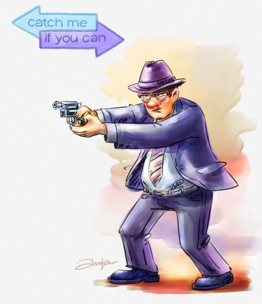 Cartoon illustration of a Tom Hanks character from catch me if you can holding a gun in a purple suit and hat.