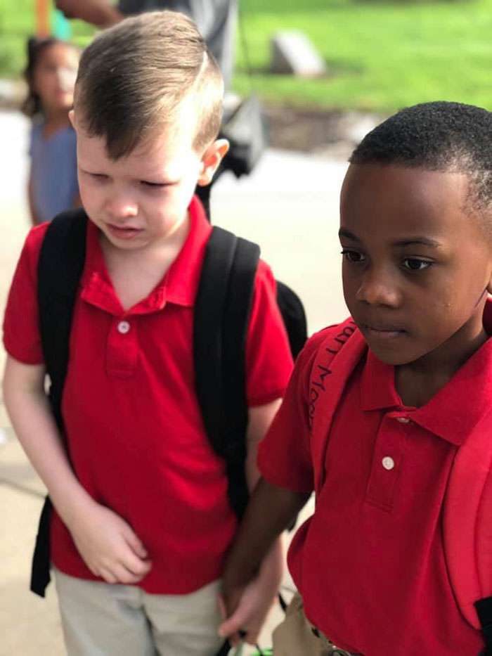 This 8 Y.O. Boy Saw An Autistic Boy Crying On The First Day Of School, Grabbed His Hand And Walked Him To Class