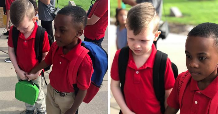 This 8 Y.O. Boy Saw An Autistic Boy Crying On The First Day Of School, Grabbed His Hand And Walked Him To Class