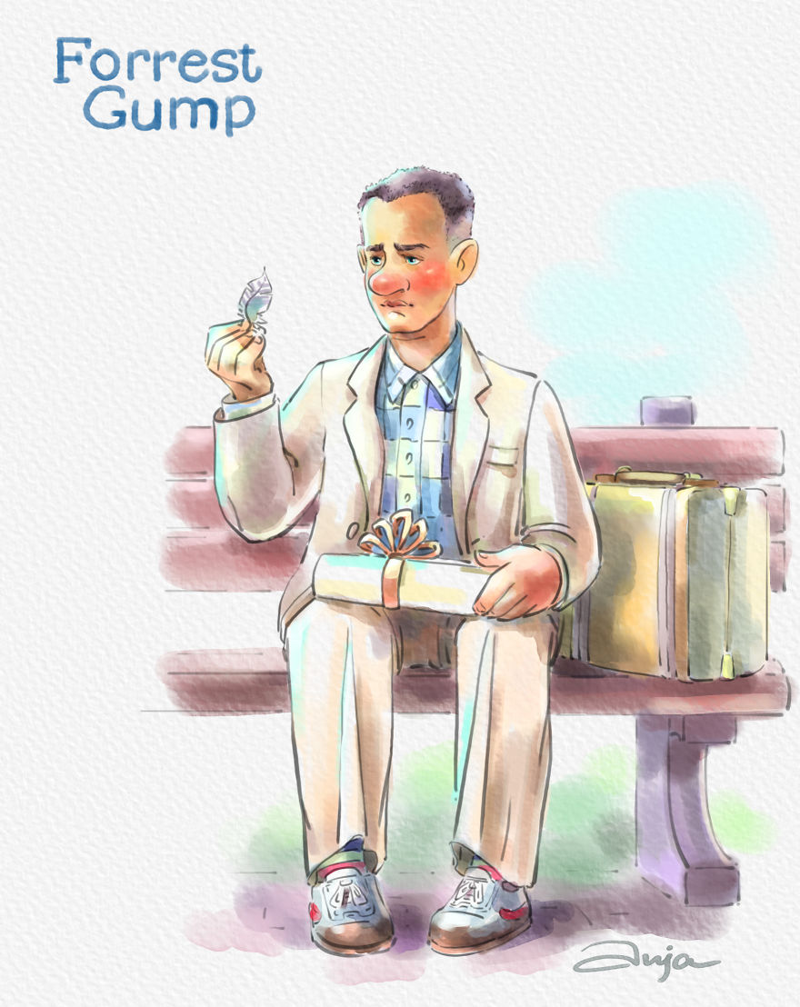 Cartoon illustration of iconic Tom Hanks character Forrest Gump sitting on a bench holding a feather and gift box. Cartoon illustration of iconic Tom Hanks character Forrest Gump sitting on a bench holding a feather and gift box.