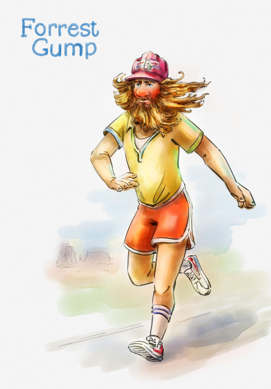 Cartoon illustration of iconic Tom Hanks character Forrest Gump running with a red hat, yellow shirt, and orange shorts. Cartoon illustration of iconic Tom Hanks character Forrest Gump running with a red hat, yellow shirt, and orange shorts.