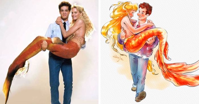 Tom Hanks characters transformed into colorful cartoons, featuring a mermaid scene with vibrant orange tones and playful expressions.