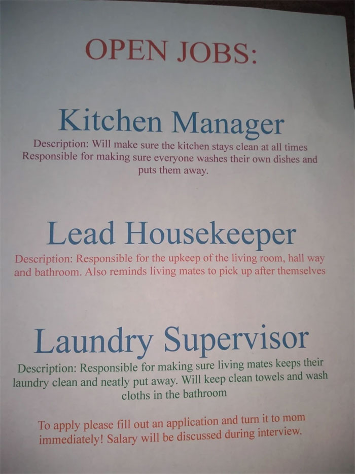 Kids Keep Asking Mom For More Pocket-Money So She Creates Household Chore 'Jobs' And Makes Them Apply Kids Keep Asking Mom For More Pocket-Money So She Creates Household Chore 'Jobs' And Makes Them Apply