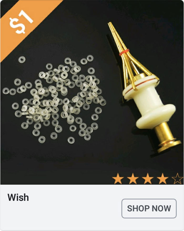 Weird Wish ad showing small plastic rings and a gold tool on a black background with $1 price tag and Shop Now button.