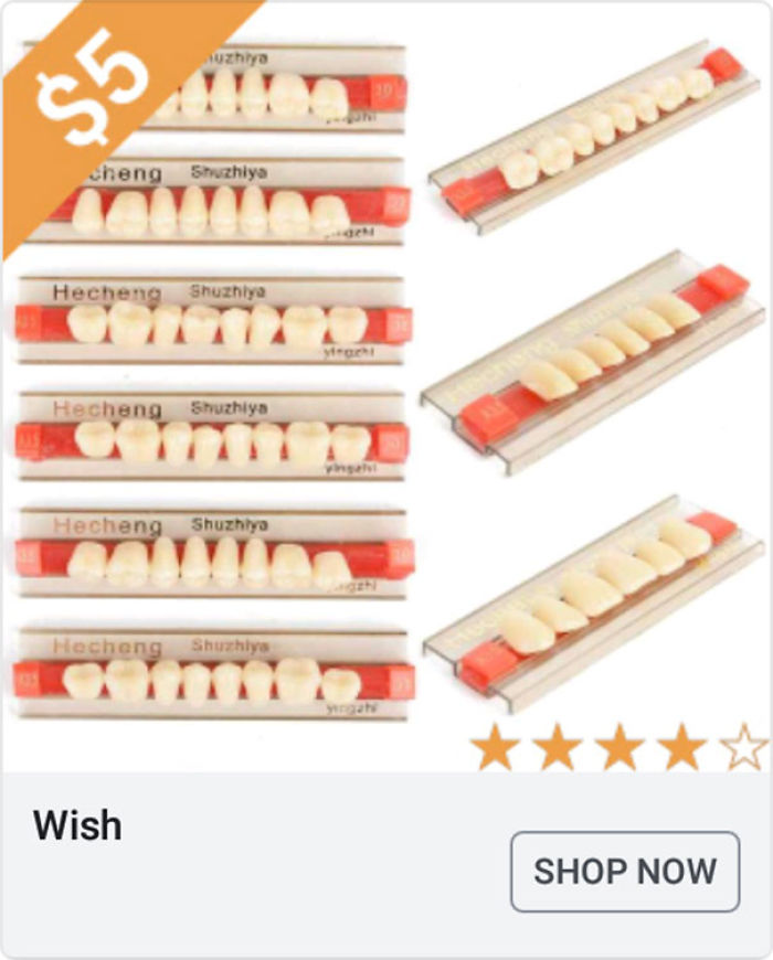 Sets of fake teeth displayed for sale in a weird Wish ad featured by a girl collecting odd Wish ads.
