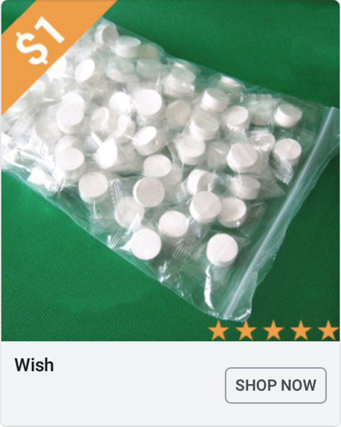 Plastic-wrapped white tablets in a bag shown in a weird Wish ad with a $1 price tag and five-star rating.