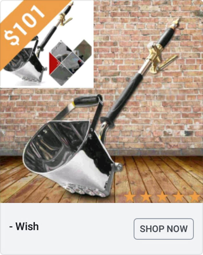 Metal shovel with a long black handle displayed on wooden floor and brick wall, featured in weird Wish ads collection.