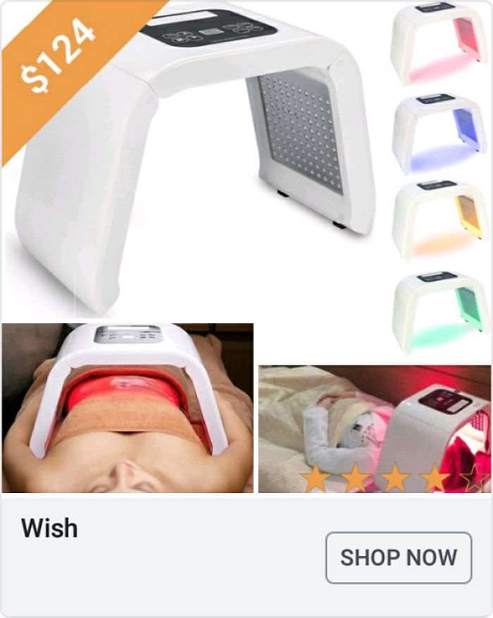 Portable LED light therapy device from Wish shown in multiple colors and usage scenarios for skin treatment.