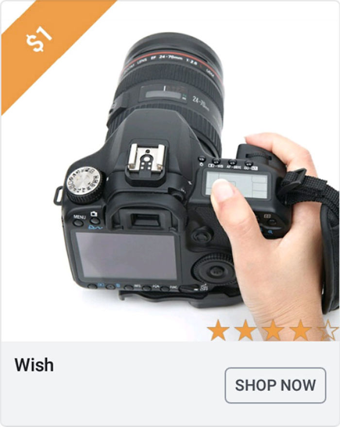 Hand holding a camera with a $1 price tag in a weird Wish ad featured in funny commentary collection.