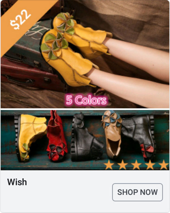 Yellow and black flower-decorated shoes from a Wish ad featured in girl collects weird Wish ads series.