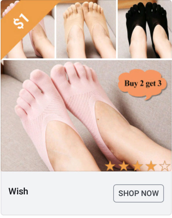 Pink toe socks ad from Wish showing unusual footwear with a buy 2 get 3 offer and a three-star rating.