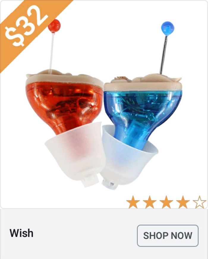 Two colorful weird Wish ads for small electronic gadgets with a $32 price tag and a four-star rating.