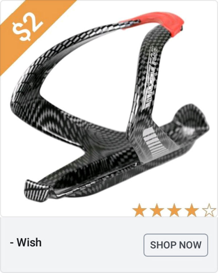Carbon fiber bike water bottle holder ad from Wish featured in a girl’s collection of weird Wish ads with funny commentary.
