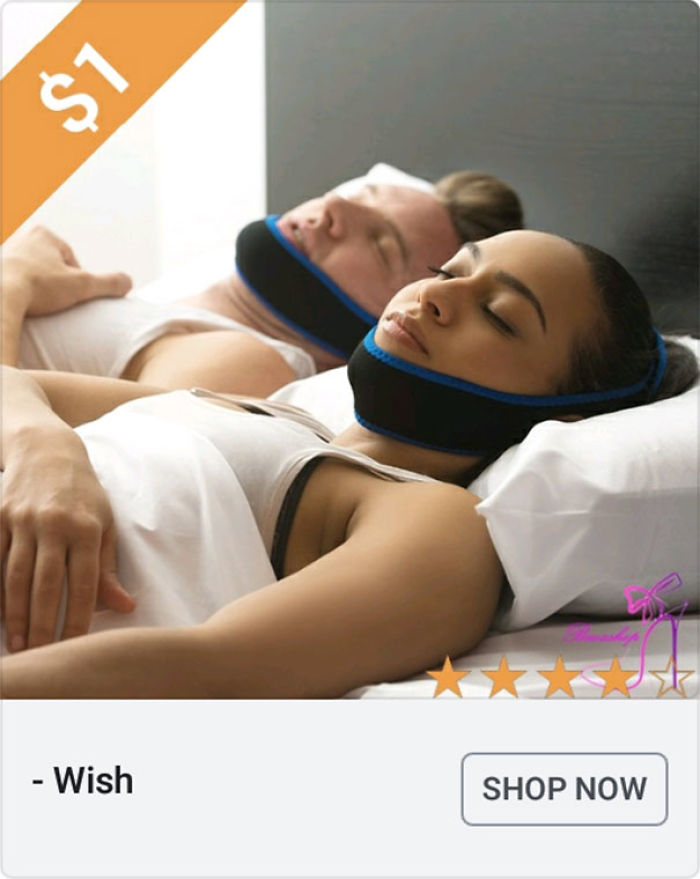 Couple lying in bed wearing chin straps from a Wish ad featured in a girl’s collection of weird Wish ads.