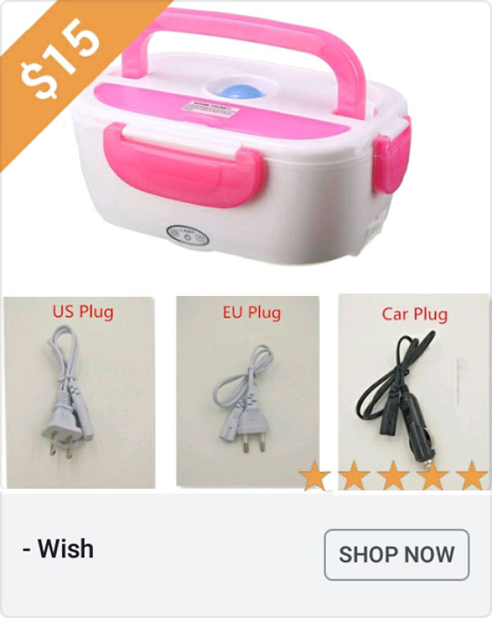 Pink and white electric lunch box with US, EU, and car plugs featured in weird Wish ads with hilarious commentary.