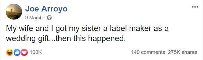 Guy Gives His Sister A Label Maker As A Wedding Gift, And She Is Cracking Everyone Up (14 Pics) Guy Gives His Sister A Label Maker As A Wedding Gift, And She Is Cracking Everyone Up (14 Pics)