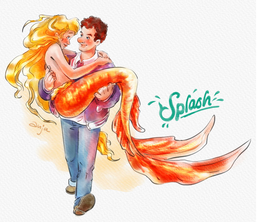 Cartoon illustration of iconic Tom Hanks characters featuring a man carrying a mermaid with the word Splash.