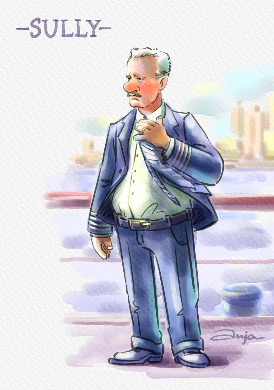 Cartoon illustration of iconic Tom Hanks character Sully in a pilot uniform by the water with a city background. Cartoon illustration of iconic Tom Hanks character Sully in a pilot uniform by the water with a city background.