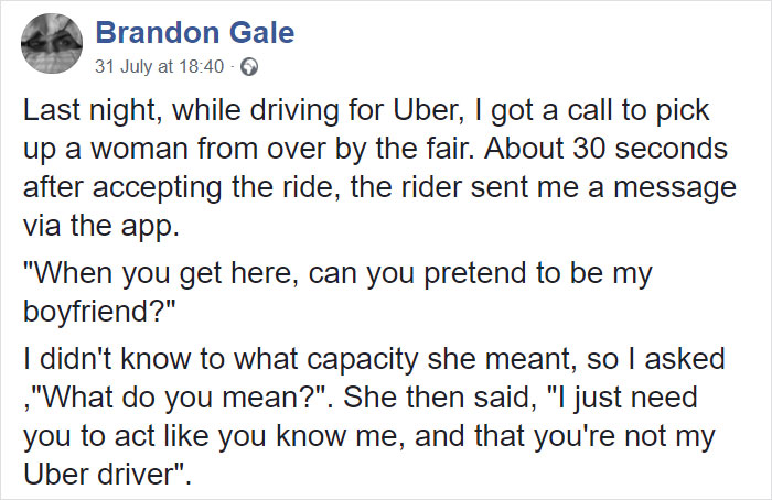 Uber Driver Gets Message Asking To Pretend To Be This Passenger's Boyfriend, Possibly Saves Her From An Assault Uber Driver Gets Message Asking To Pretend To Be This Passenger's Boyfriend, Possibly Saves Her From An Assault