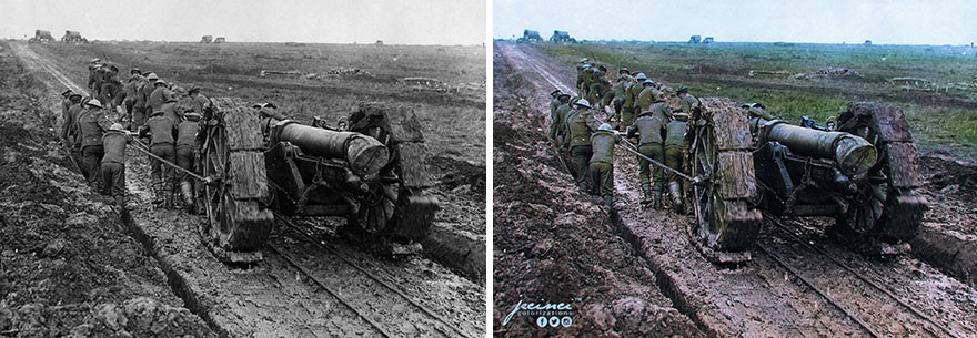 WW1, Somme, September, 1916 - A 6 Inch Howitzer Being Hauled By Manpower On Caterpillar Tracks Through The Mud Near Pozieres