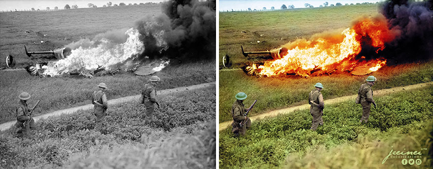 WW2 Troops File Past The Burning Wreckage Of A German Dornier Bomber, Shot Down While Bombing A Belgian Town, 14 May 1940