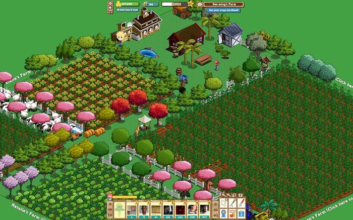 Farm simulation game interface showing crops, trees, farm buildings, and character managing trends from the past decade.
