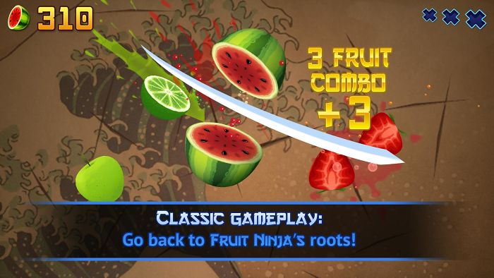 Fruit slicing game screenshot showing a 3 fruit combo, representing popular forgotten trends from the past decade.