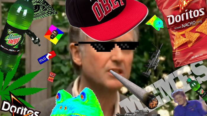 A collage of 2010s internet memes featuring Doritos, Mountain Dew, pixelated sunglasses, and iconic meme symbols.