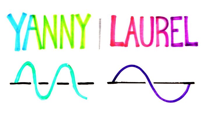 Yanny Laurel audio illusion represented with colorful text and waveforms illustrating forgotten trends audio debate.