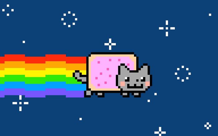 Pixel art of a flying cat with a pastry body leaving a rainbow trail, illustrating nostalgic hottest trends from the past decade.