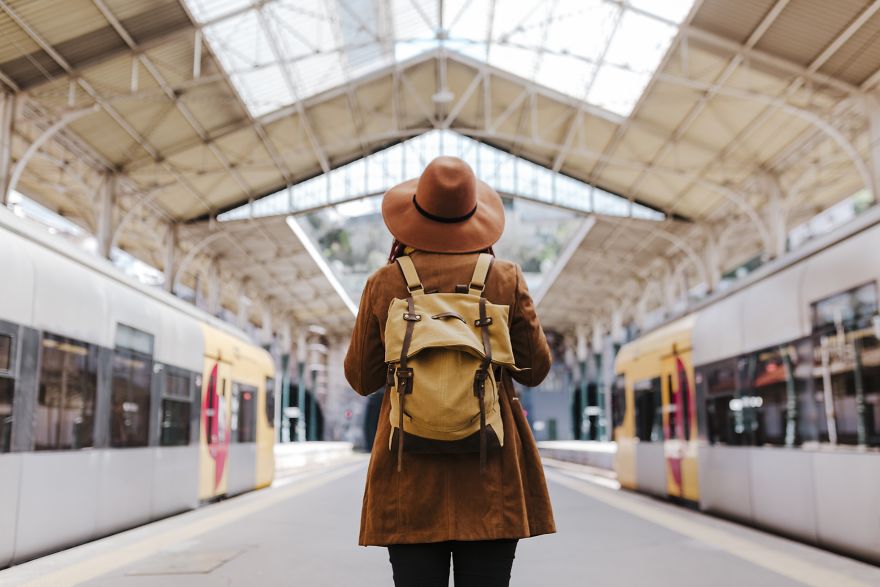 The Young Caucasian Woman At The Train Station