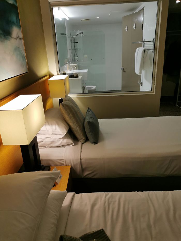 On A Conference At My New Workplace. About To Share A Room With A Guy I've Never Met Before. Here's The View From The Beds To The Bathroom