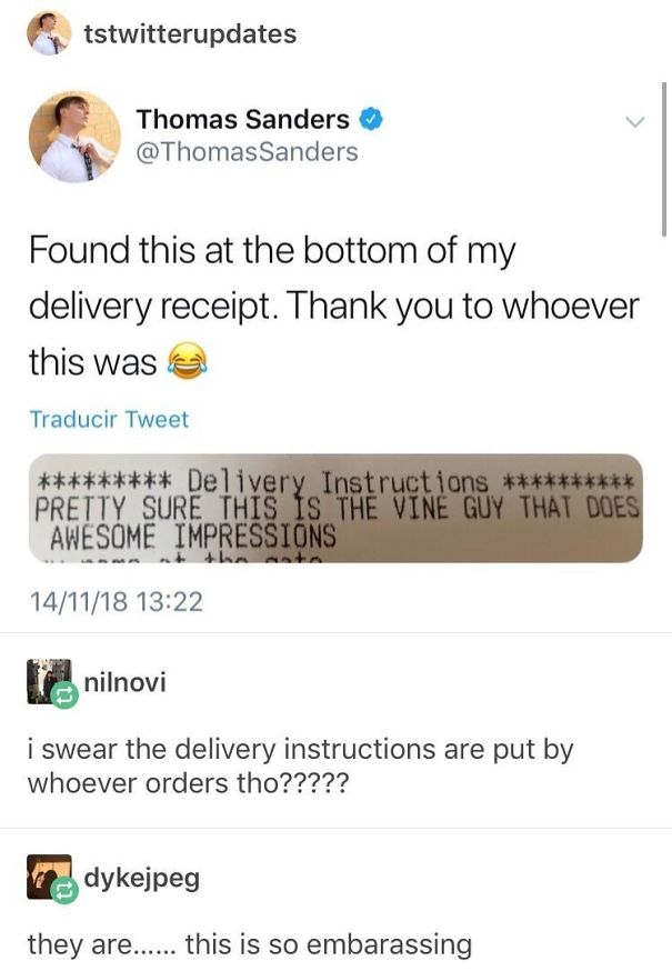 Thomas Sanders Writes Himself A Compliment On His Food Delivery Instructions