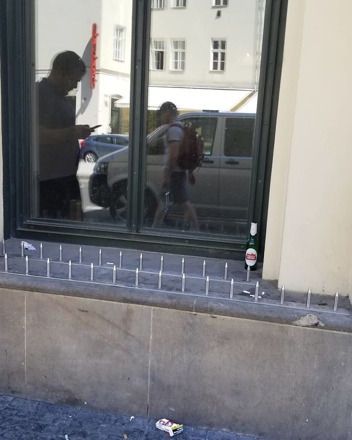 Not Exactly An Environmentalist Post Today, But What Do You All Think Of Anti Homeless Infrastructure? I Feel Like It Isn't Talked About A Lot. These Spikes Were Installed With The Malicious Intent To Prevent A Homeless Person From Sleeping On The Side Of The Street