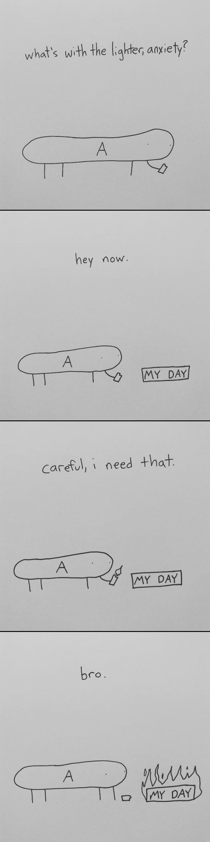 I Started Drawing Minimalist Comics About My Mental Health This Year And For Some Reason That Means Drawing Anxiety Kind Of Like It's A Hotdog