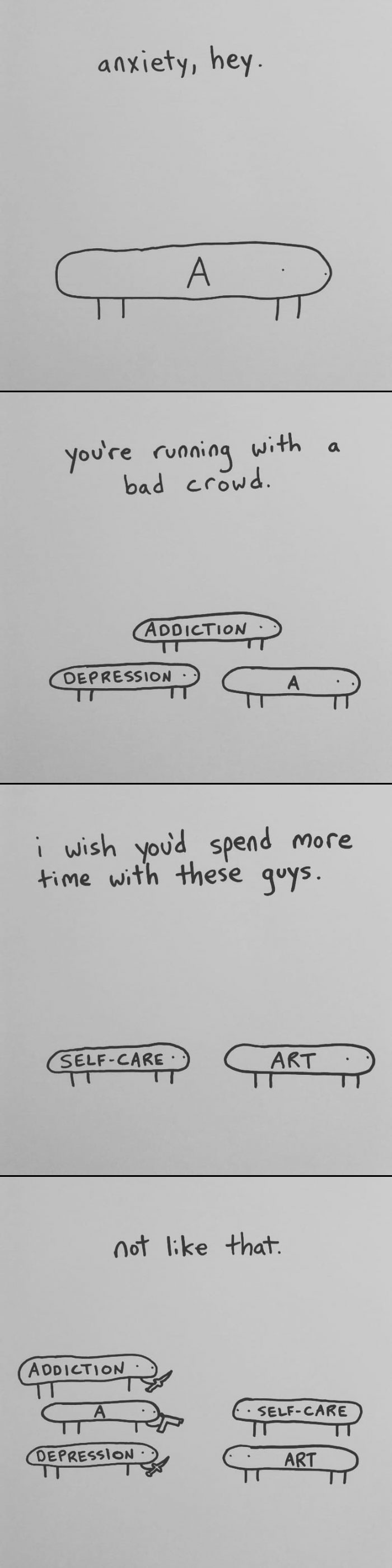 I Started Drawing Minimalist Comics About My Mental Health This Year And For Some Reason That Means Drawing Anxiety Kind Of Like It's A Hotdog