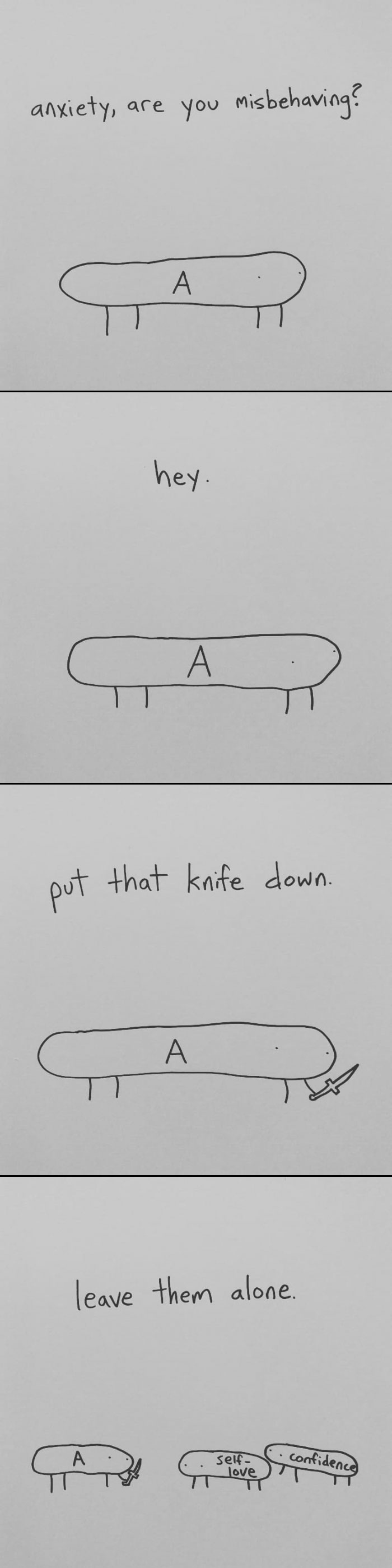 I Started Drawing Minimalist Comics About My Mental Health This Year And For Some Reason That Means Drawing Anxiety Kind Of Like It's A Hotdog