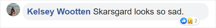 Comment by Kelsey Wootten about Skarsgard's expression, noting a sad appearance with two reaction emojis.
