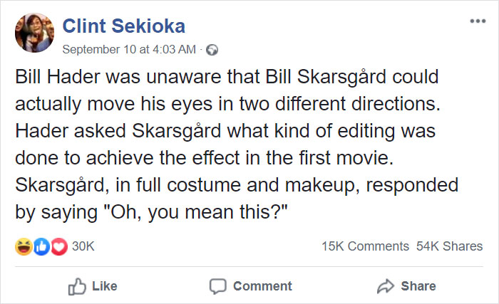 Facebook post about Bill Skarsg&aring;rd's natural crossed eyes surprising Bill Hader on set.