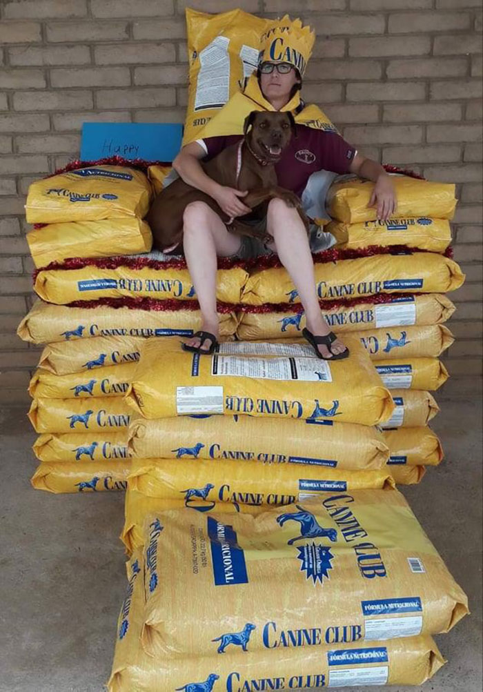 Animal Shelter Employee Asks People To Donate Dog Food For Her Birthday, Builds A Giant Throne Out Of It
