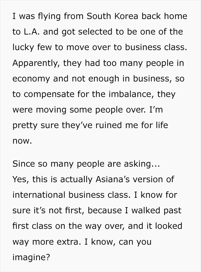 Person Can't Believe The Difference Between Economy And Business Class After Getting Randomly Upgraded To Business Class Person Can't Believe The Difference Between Economy And Business Class After Getting Randomly Upgraded To Business Class