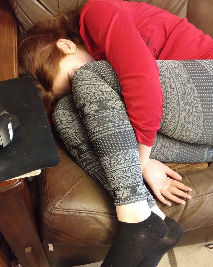 How? Asleep Where She Sat