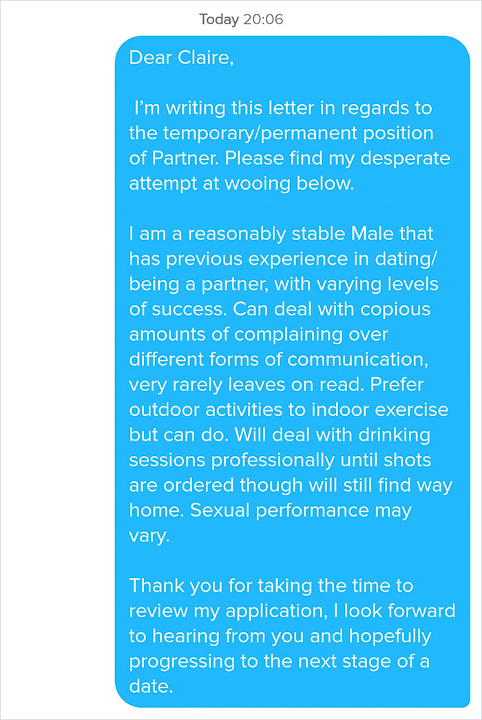 Guy Sends A 'Cover Letter' To His Tinder Match Who's A Business Teacher, Completely Nails It Guy Sends A 'Cover Letter' To His Tinder Match Who's A Business Teacher, Completely Nails It