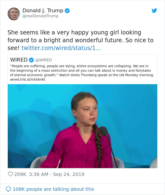 Trump Mocks Greta Thunberg's Speech, She Shades Him In Her Twitter Bio Trump Mocks Greta Thunberg's Speech, She Shades Him In Her Twitter Bio