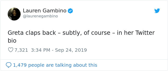 Trump Mocks Greta Thunberg's Speech, She Shades Him In Her Twitter Bio Trump Mocks Greta Thunberg's Speech, She Shades Him In Her Twitter Bio