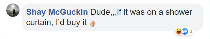 Comment praising dog's drawing, suggesting it as shower curtain art.