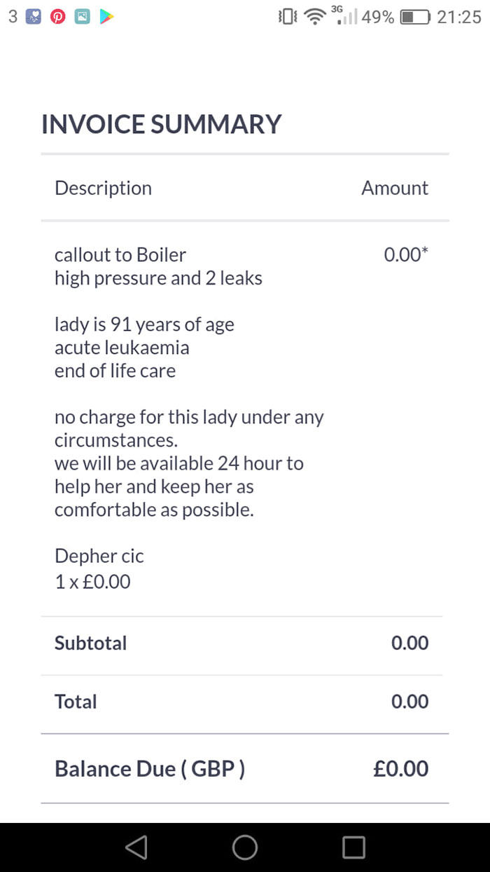 This Plumber's Invoice For Fixing 91-Year-Old Grandma's Boiler Goes Viral