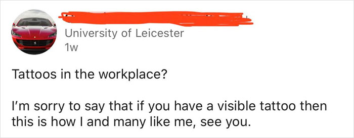 Text post about tattoos in the workplace, discussing perceptions of visible tattoos.