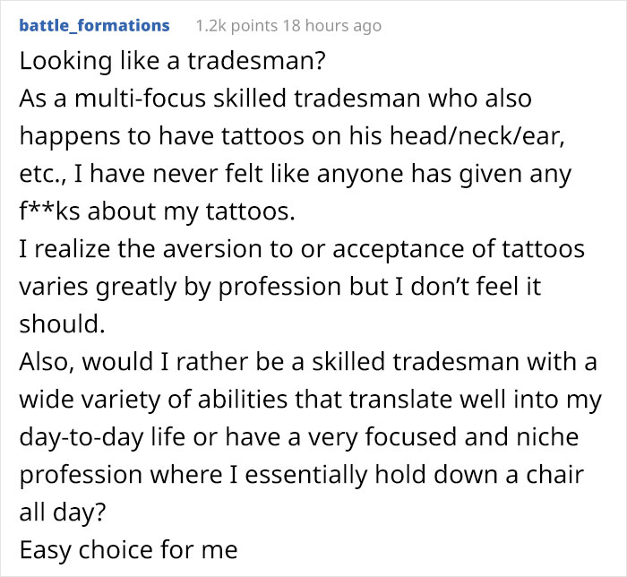 Text screenshot of a tradesman discussing social acceptance of tattoos in the workplace.