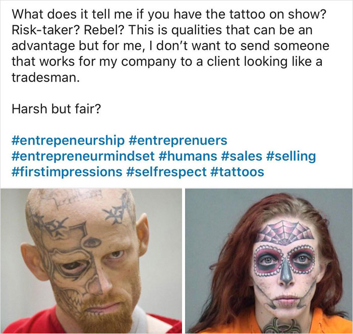 Text about workplace tattoos and professionalism, with two images of people with face tattoos. Text about workplace tattoos and professionalism, with two images of people with face tattoos.